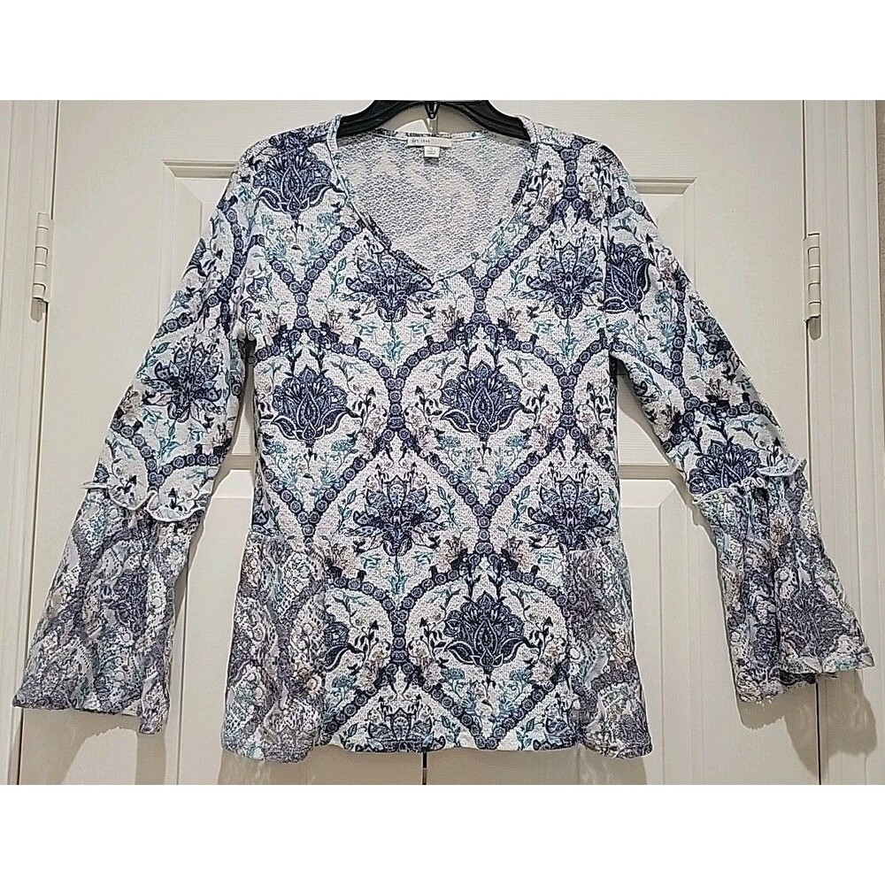 C Est. 1946 Blue White Floral Damask Ruffle Bell Sleeve Blouse Top Tunic Small